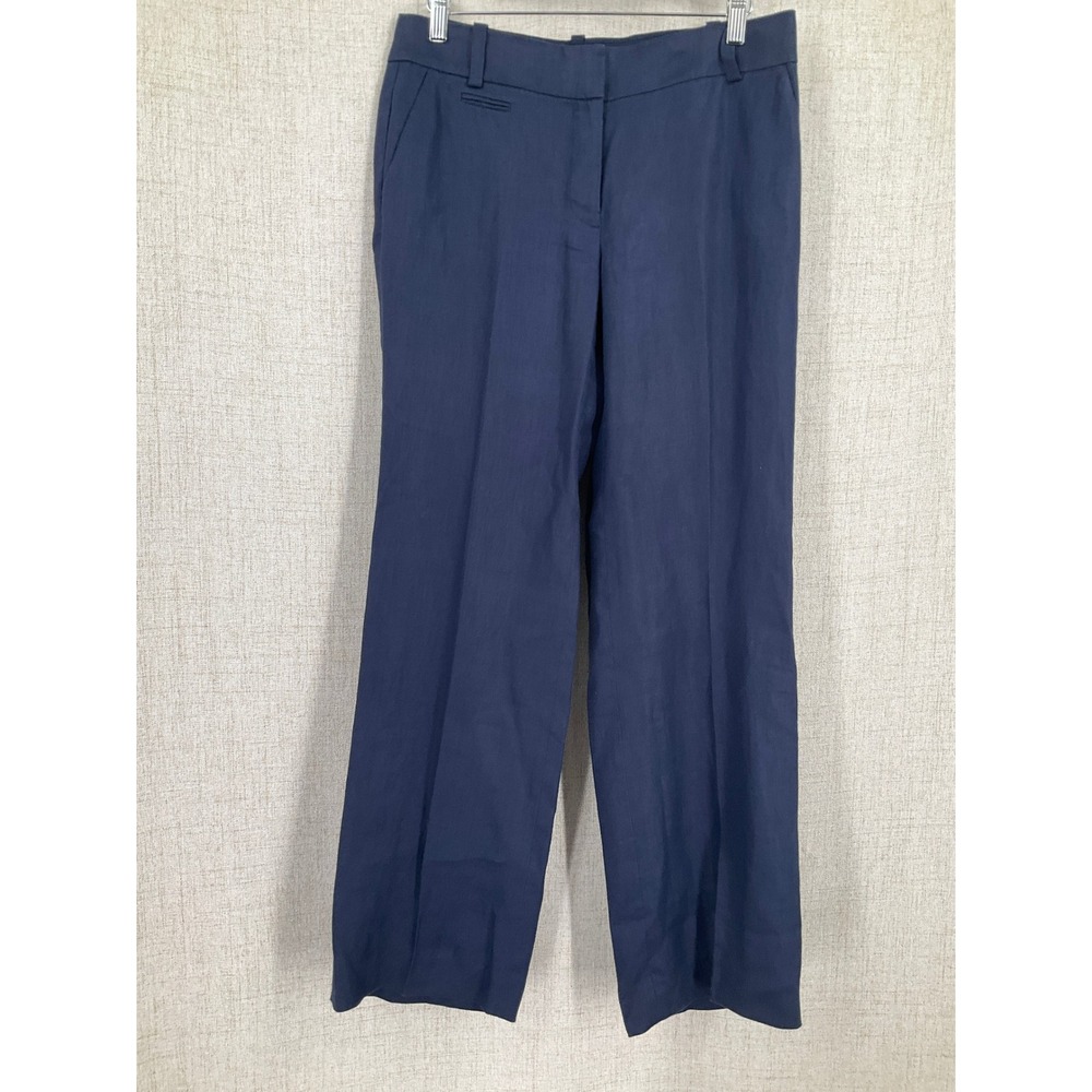 J.Crew Cafe‎ Trouser Pants Womens 4 Navy Blue 100% Linen Herringbone Breathable